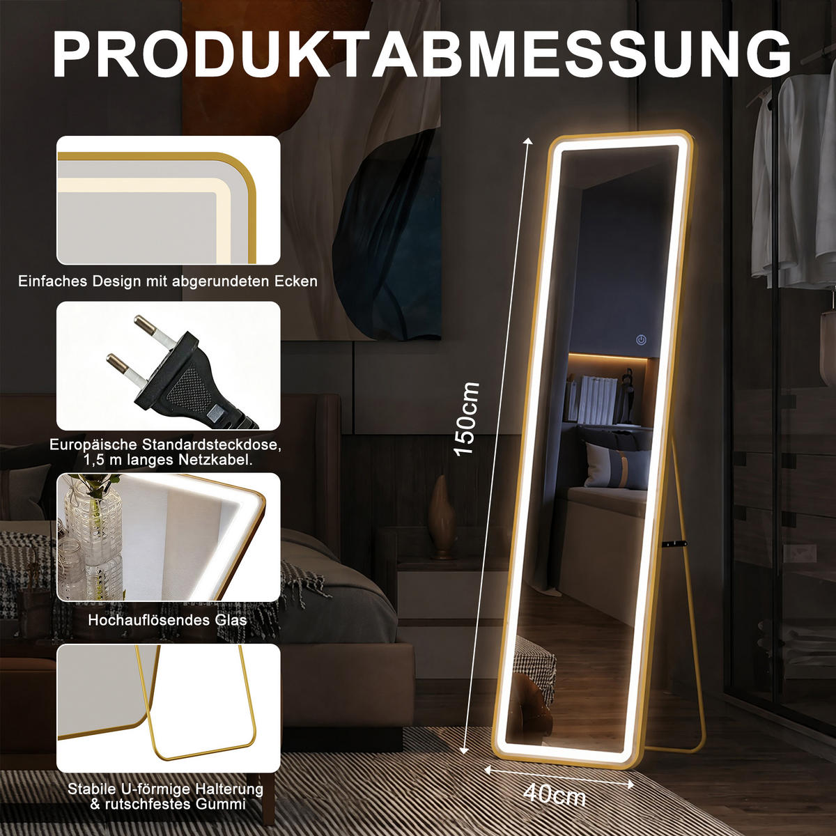 WANDSPIEGEL LED 150 x 40 cm aus Sicherheitsglas, abgerundete rechteckige Form, gold - Goldfarben, Metall (40/150/3cm)
