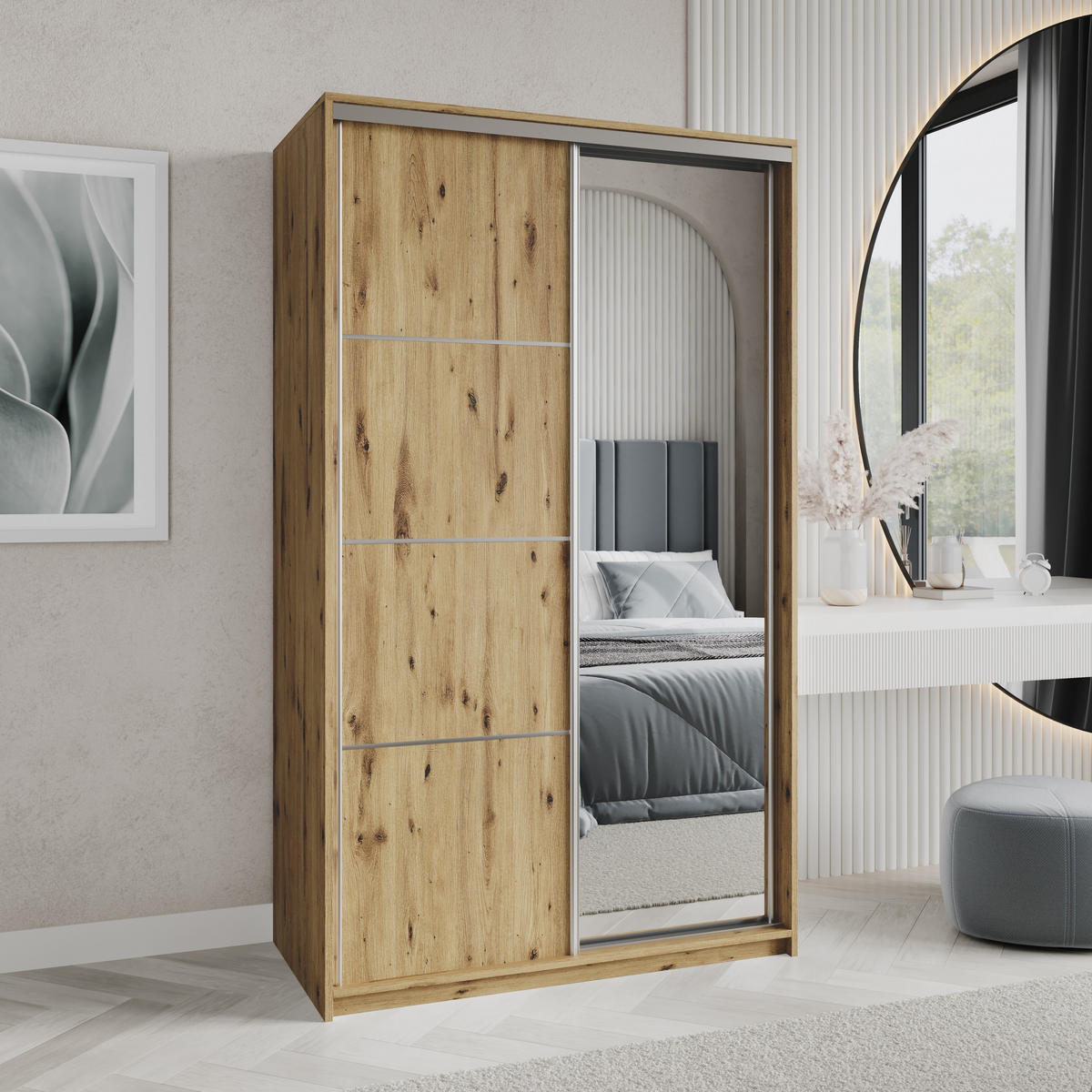 SCHWEBETÜRENSCHRANK VARO 120/205/60 cm 2-türig mit Spiegel Eiche Artisan - Eiche Artisan, Holzwerkstoff (120/205/60cm) - MASSENO