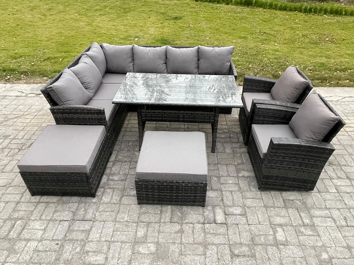 SITZGRUPPE mit Esstisch,2 Fußhocker,2 Stuhl Polyrattan Dunkelgrau 10-Sitzer - Dunkelgrau/Grau, Glas/Kunststoff - Fimous