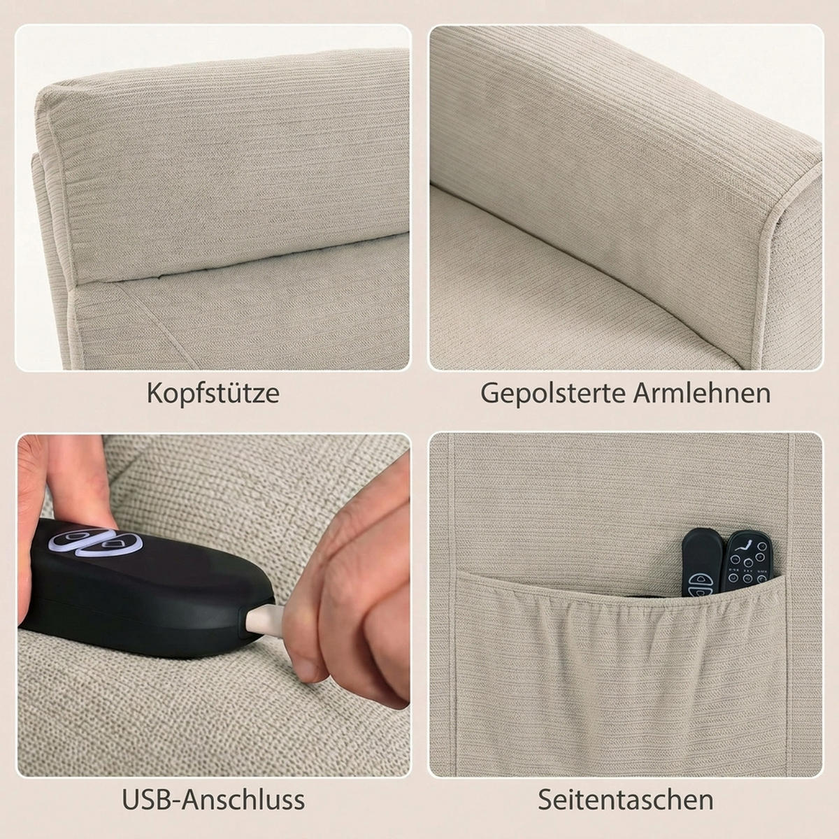 RELAXSESSEL mit Aufstehhilfe Polyester Greige - Greige/Schwarz, Textil/Metall (83/106/93cm) - HOMCOM