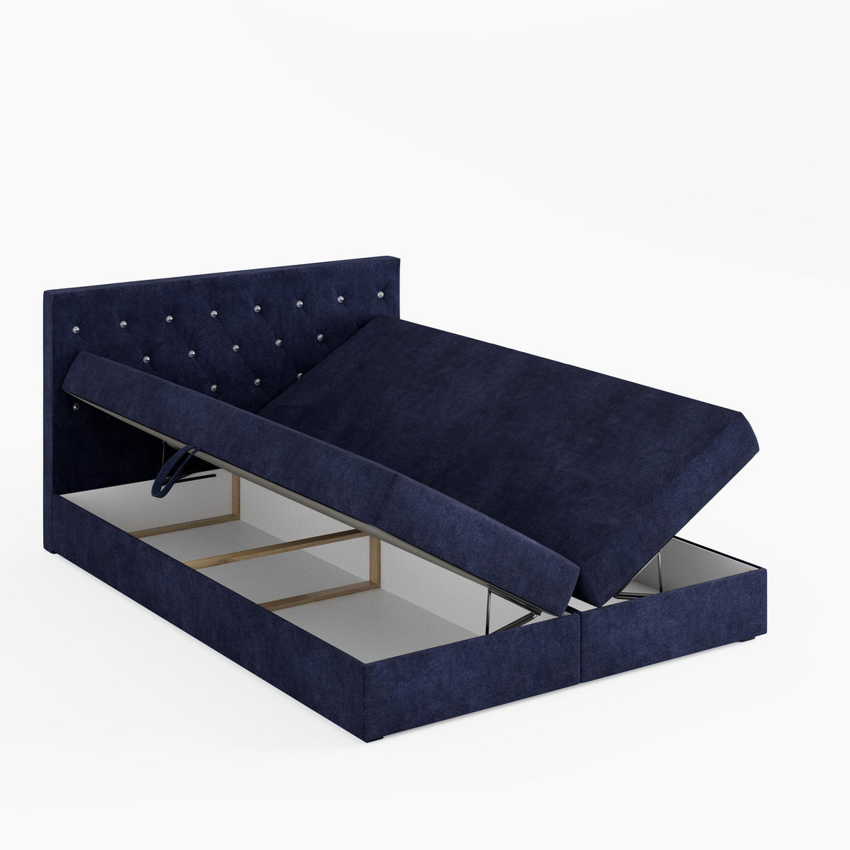 BOXBETT CRYSTAL 160/200 cm, in Dunkelblau, Premium Velours-Stoff, Bettkasten, Matratze, Topper - Dunkelblau, Textil (160/20cm) - Barchello
