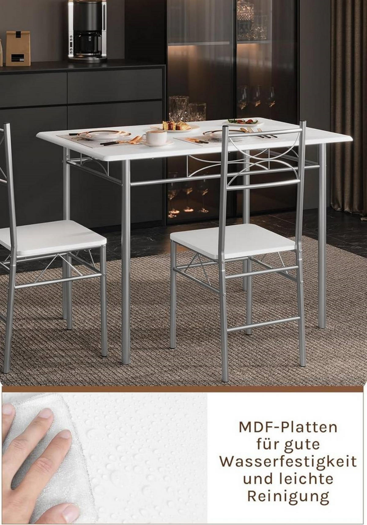 TISCHGRUPPE Esstisch mit 4 Stühlen, MDF, Weiß - Silberfarben/Weiß, Holzwerkstoff/Metall (110/76/70cm) - Woltu