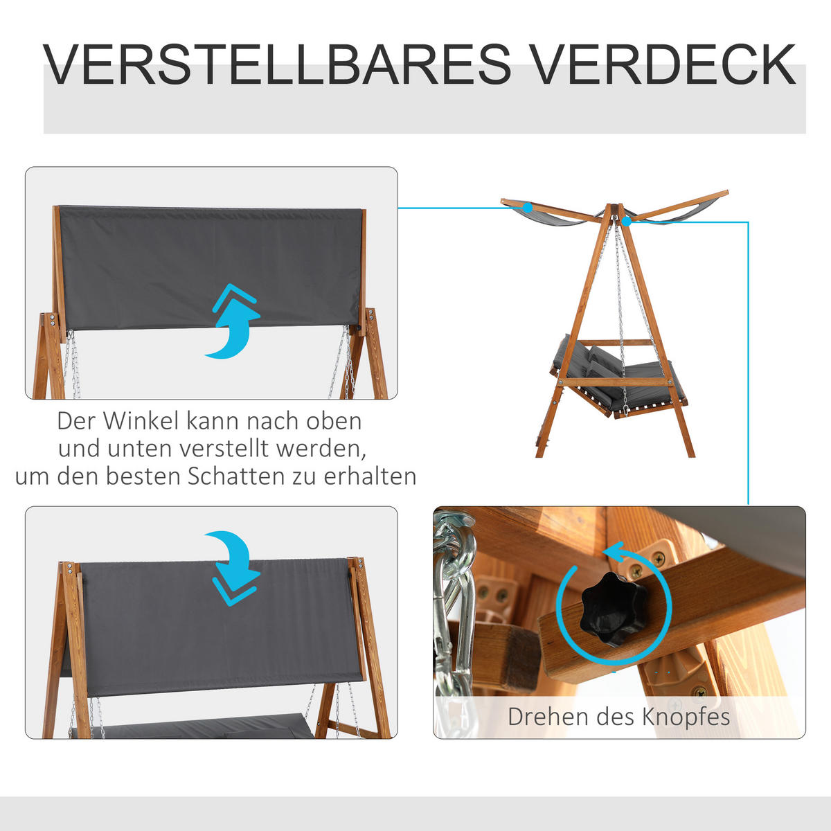 HOLLYWOODSCHAUKEL DE-07017 3-Sitzer, Mit Bettfunktion, Lärche Natur - Grau/Teakfarben, Holz (225.5/180/130cm) - ComfortXL