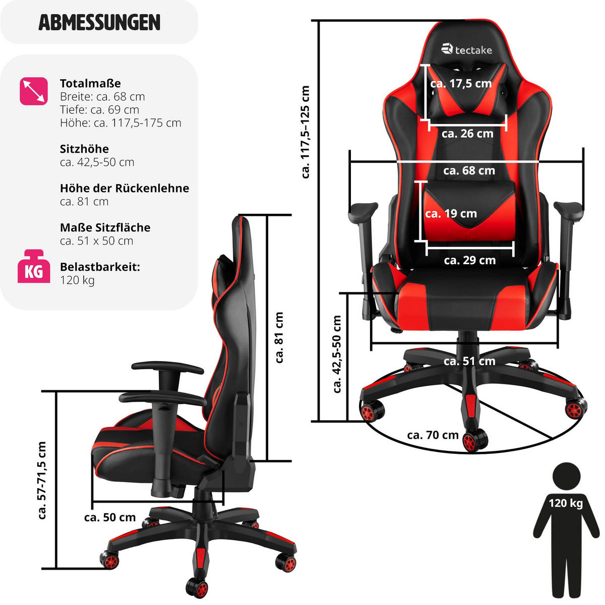 RACING-GAMINGSTUHL Twink,Belastbarkeit 120 kg,schwarz/rot - Rot/Schwarz, Textil (68/125/69cm) - tectake