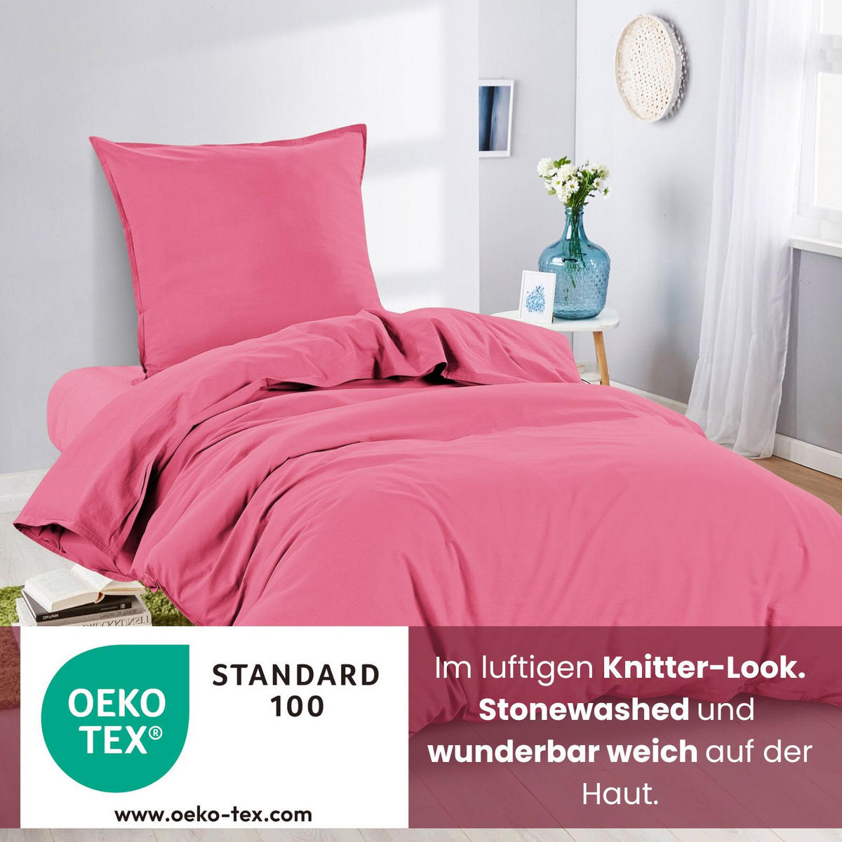 BETTWÄSCHE Stone Washed pink 155/220 cm 100% Baumwolle Used-Effekt mit Stehsaum - Pink, Textil (155/220cm) - wometo