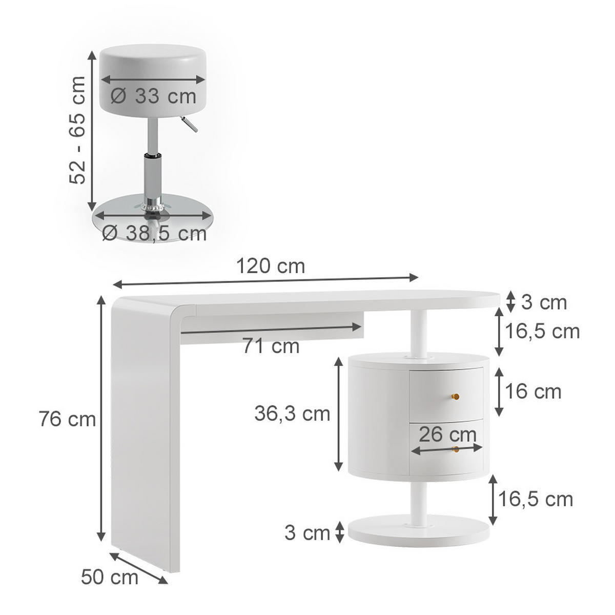 SCHMINKTISCH Lara Weiß 120 cm mit Hocker - Weiß, Holzwerkstoff (50/120/76cm) - Vicco