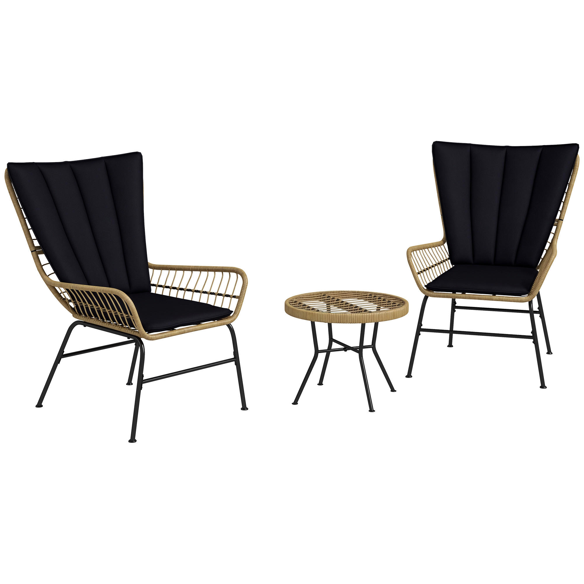 BISTRO-SET DE-06713 Boho-Stil, 3-teilig, mit Glasplatte Schwarz - Schwarz, Kunststoff/Metall - ComfortXL