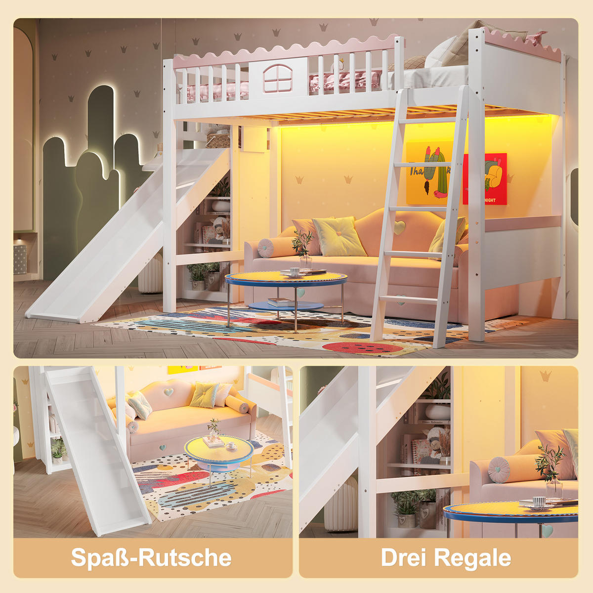 HOCHBETT 90/200 cm Weiß mit LED-Leuchten und Rutsche aus Kiefernholz - Weiß, Holz (90/200cm) - OKWISH