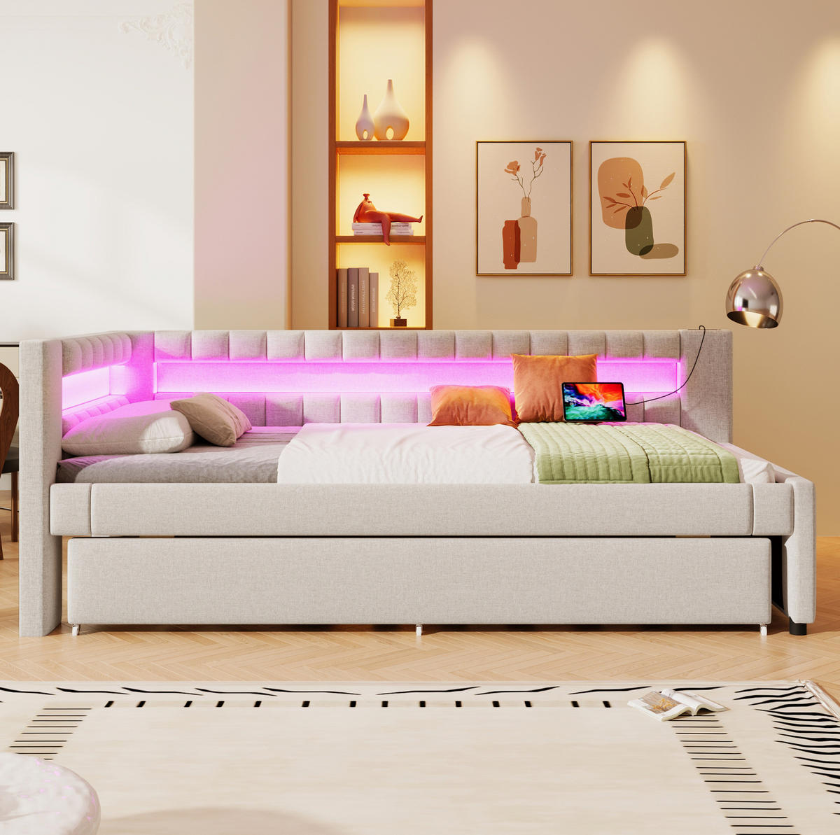POLSTERBETT aus Leinen 90x200 cm in Beige mit Ausziehbett, LED & USB-Type-C - Beige, Textil (90/200cm) - Modfu
