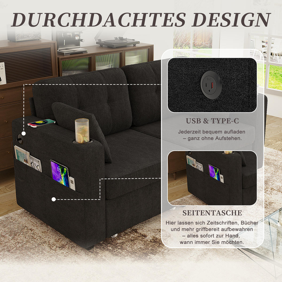 2-SITZER SOFA Chenille Schwarz mit USB und Stauraumschubladen - Schwarz, Textil/Metall (172/82/75cm) - WISHDOR