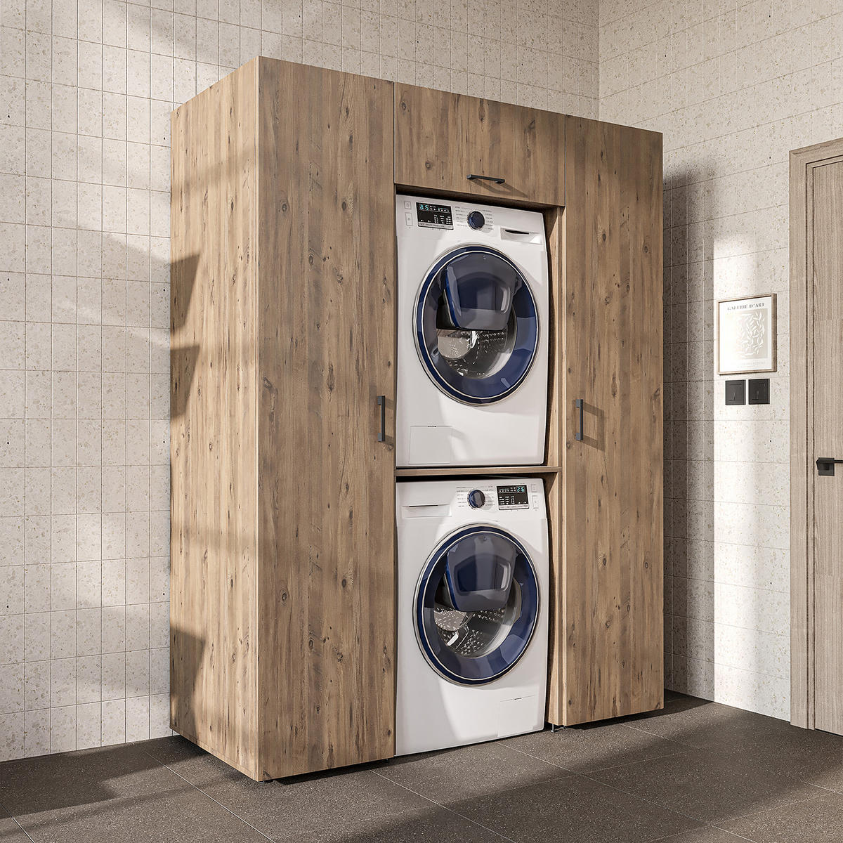 WASCHMASCHINENSCHRANK DUO-II 157cm Breit, 205cm Hoch - Eichefarben, Holzwerkstoff (157/205/67cm)