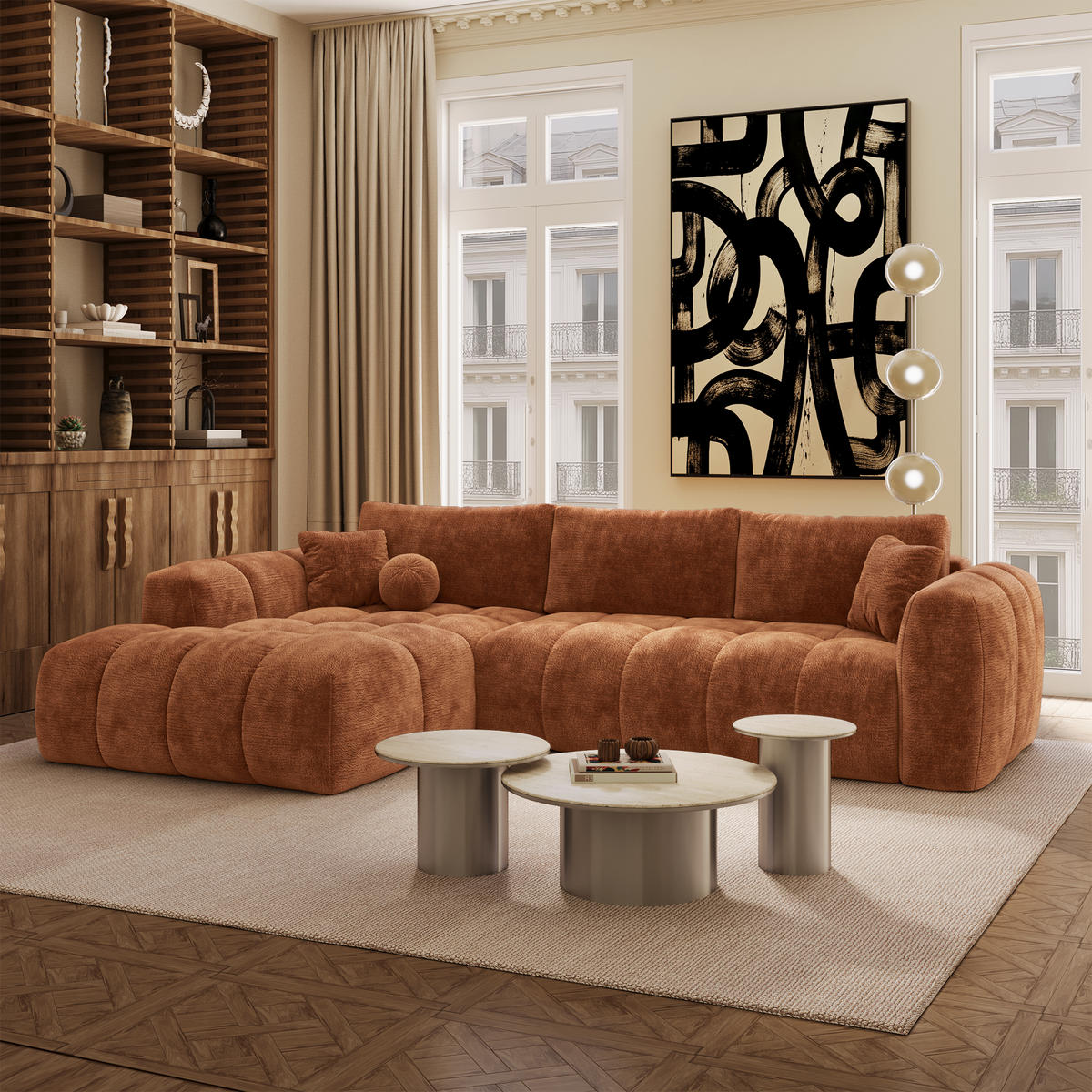 LINKSECK-SCHLAFSOFA mit Stauraum SKY Geprägter Samt Terrakotta 310cm - Dunkelorange/Terracotta, Textil (310/180cm) - Premium Interiors