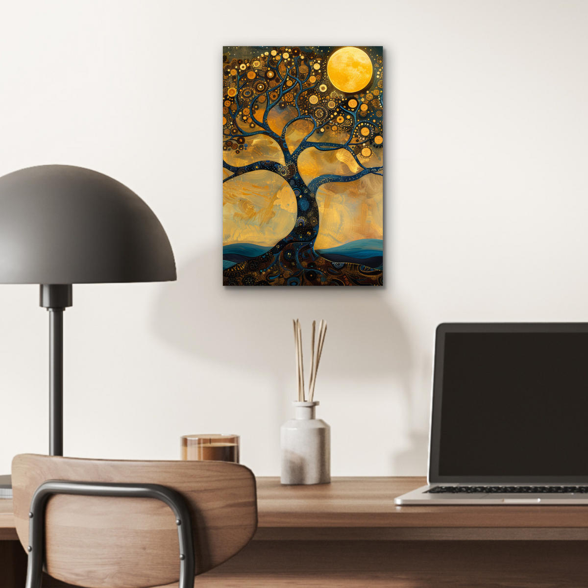 METALLBILD Baum - Mond - Blumen - Gold - Kunst 20x30 cm - Orange, Metall (20/30cm) - MuchoWow