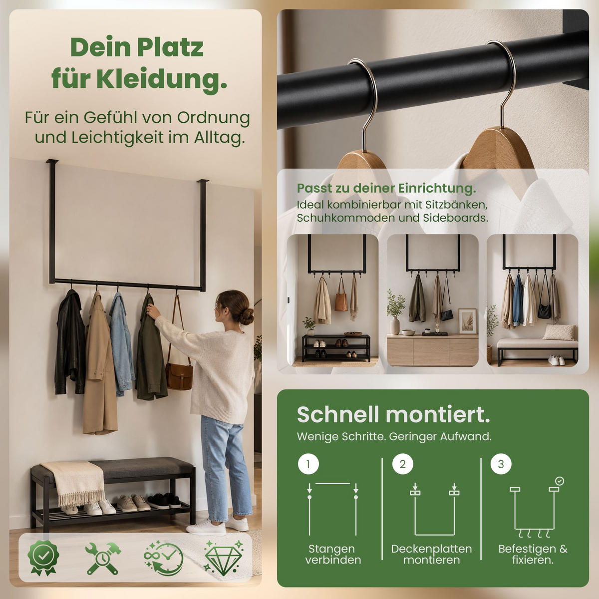 KLEIDERSTANGE 150x38x120 cm-edelstahl-Metall - Schwarz, Metall (7cm) - CLP