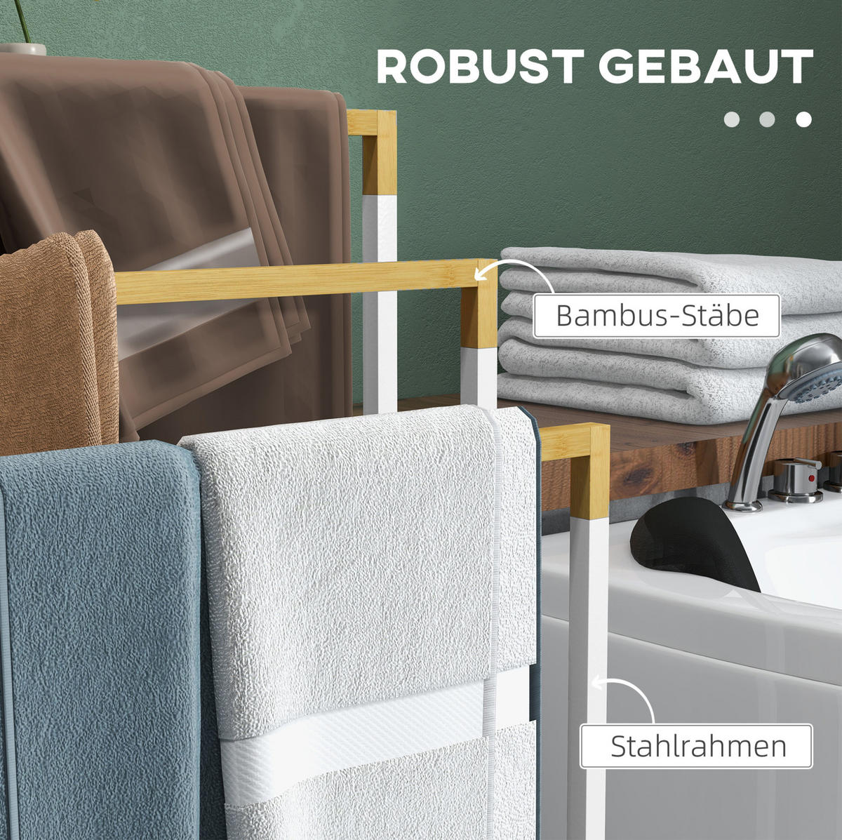 HANDTUCHSTÄNDER 45x22.5x86 cm Weiß aus Stahl & Bambus mit 3 Etagen & freistehend - Weiß, Metall (22.5/86/45cm) - Modfu