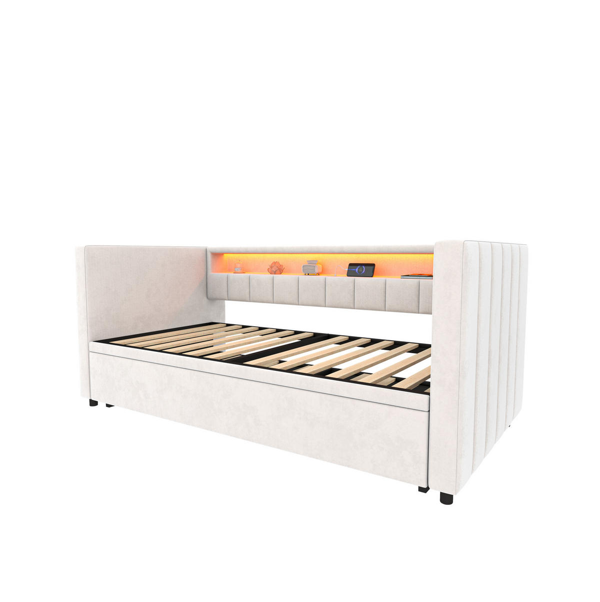 POSTEĽ 201/100-192/73 cm zamat béžová s LED osvetlením a USB-C - béžová, textil (90/190cm) - BEAOK