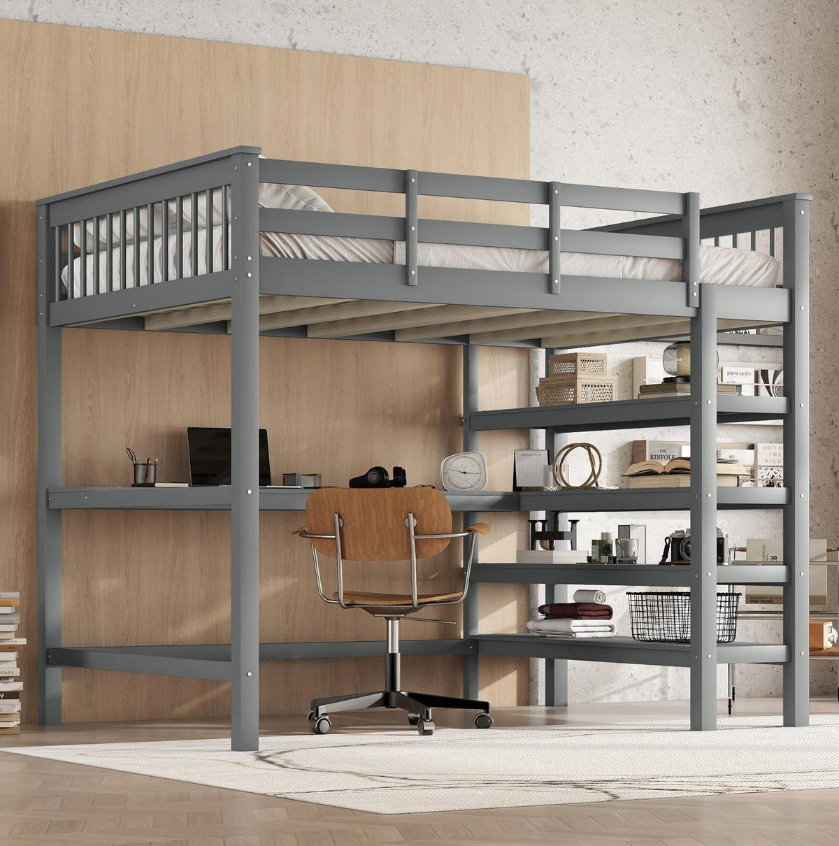 HOCHBETT mit Schreibtisch und Regalen 140x200 cm Kiefernholz Grau - Grau, Holzwerkstoff (140/200cm) - Beauniv