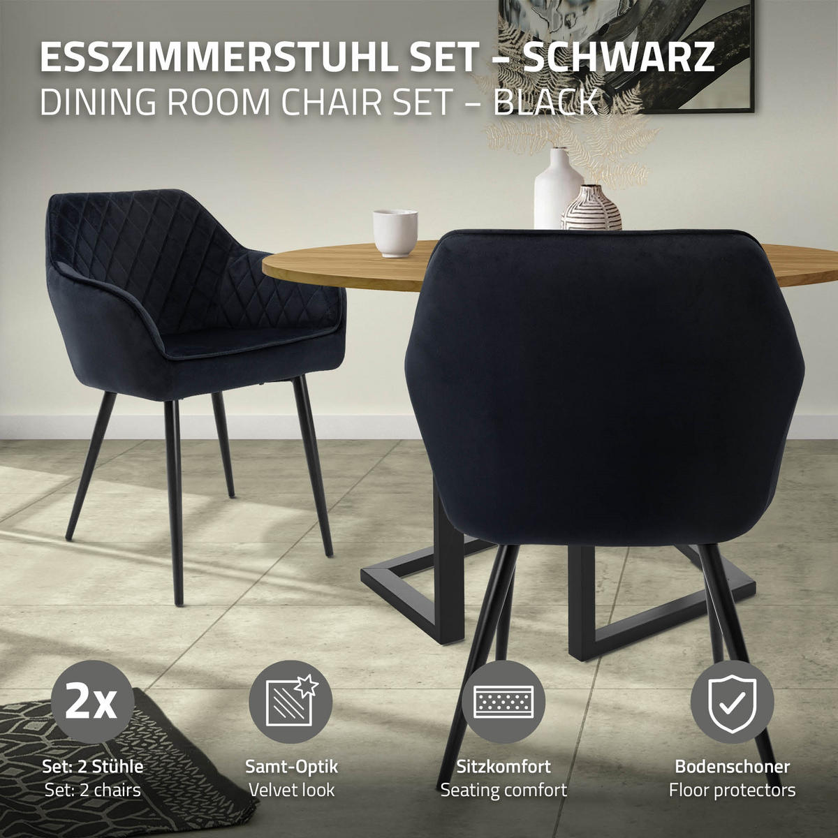 ESSZIMMERSTUHL Samt Schwarz 2er Set - Schwarz, Textil/Metall (63/80/60cm) - ML-DESIGN