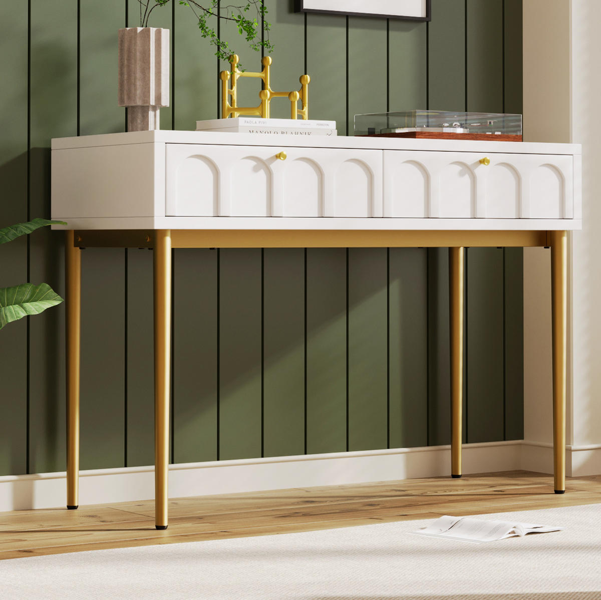 SCHMINKTISCH aus Holz und Metall 100x45x76,5 cm Creme-Weiß mit 2 Schubladen und gewölbten Fronten - Weiß, Holzwerkstoff (100/76.5/45cm) - Modfu