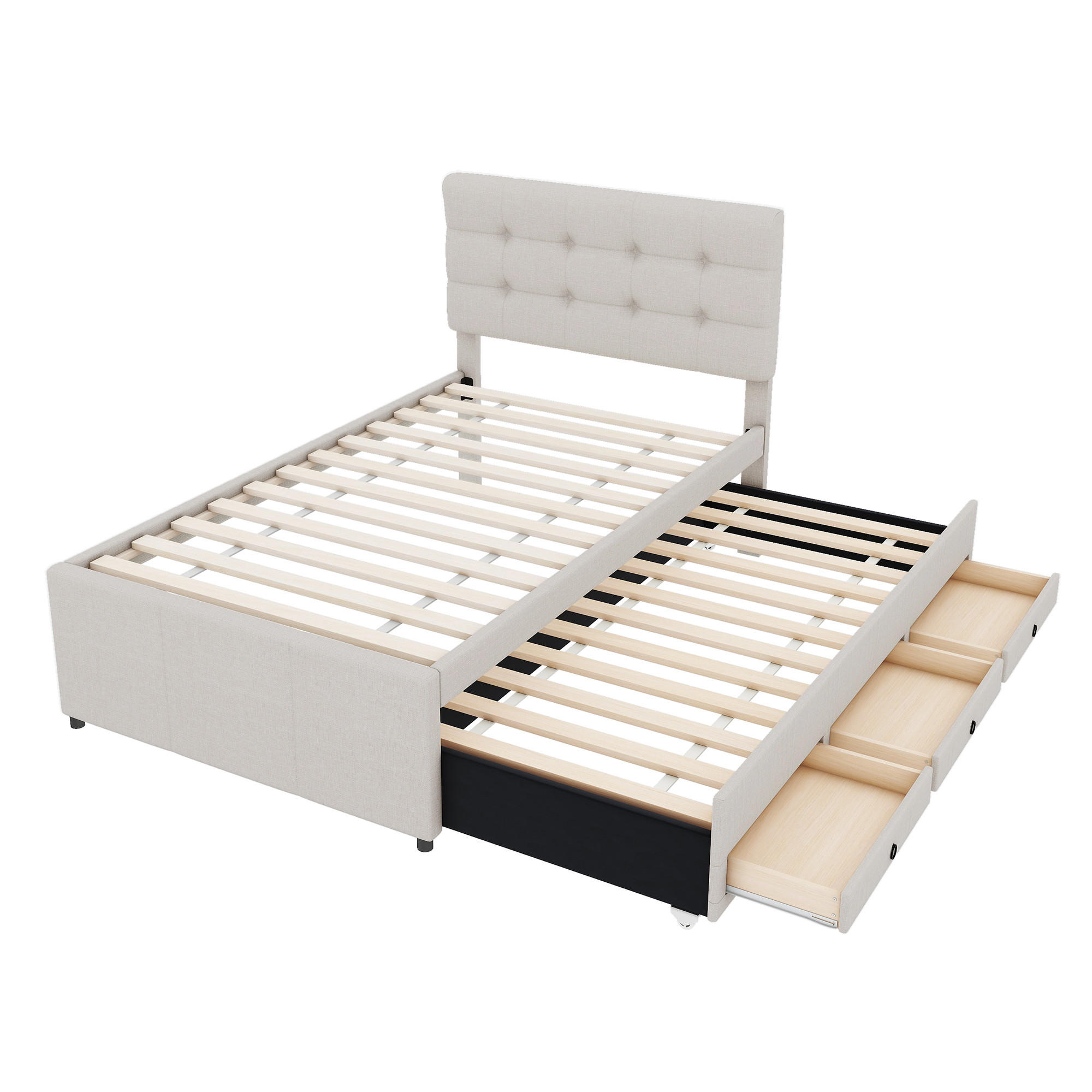 POLSTERBETT 90/200 cm DE-04568, mit 3 Schubladen und ausziehbarem Rollbett in Beige - Beige, Holzwerkstoff (90/200cm) - ComfortXL