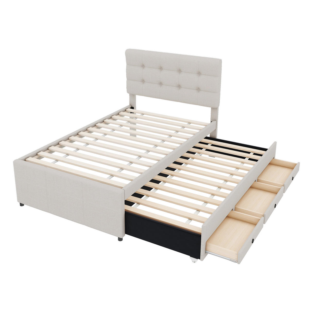 POLSTERBETT aus Leinen 90x200 cm in Beige mit Ausziehbett & 3 Schubladen - Beige, Textil (90/200cm) - Modfu