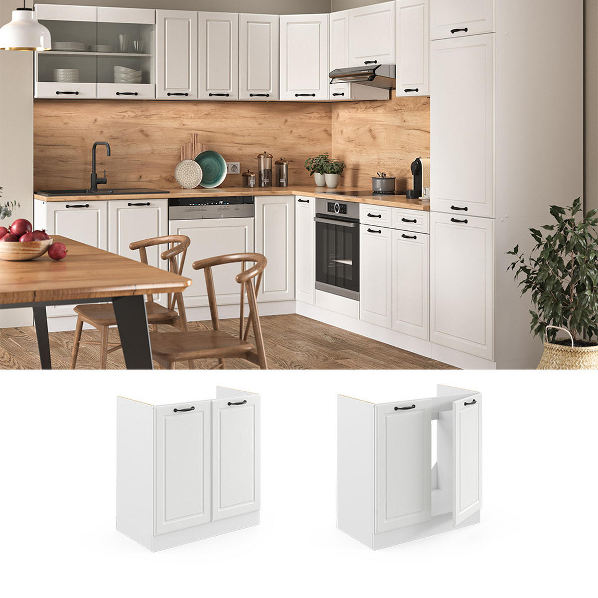 SPÜLENUNTERSCHRANK R-Line Weiß Landhaus 80 cm ohne AP - Creme/Weiß, Holzwerkstoff (80/81.6/46cm) - Vicco