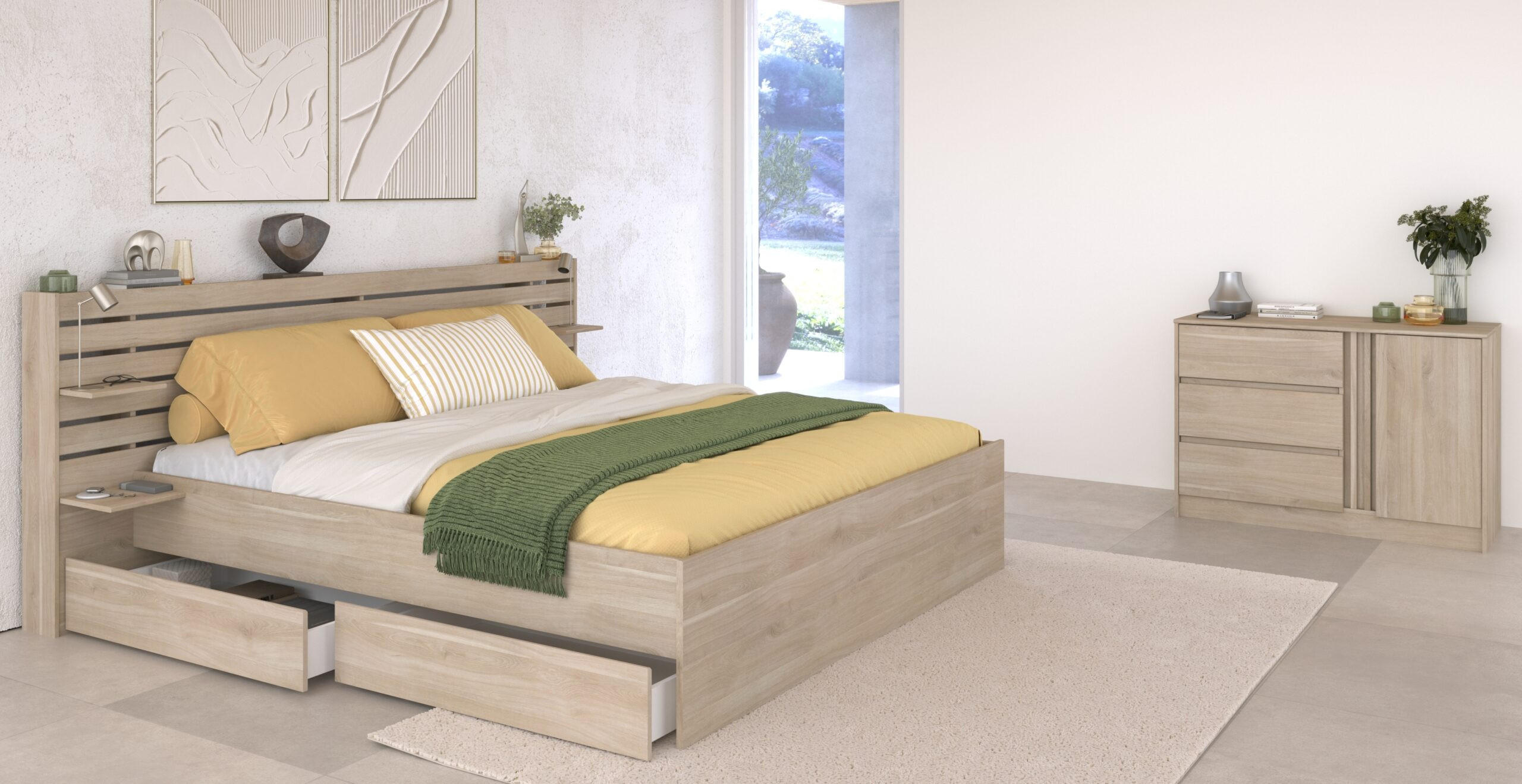 SCHLAFZIMMER Escale 21 in Japanische Eiche 4 teilig - mit 140er Doppelbett, zwei Bettschubkästen, Kommode - Braun, Holzwerkstoff (80/200/120cm)