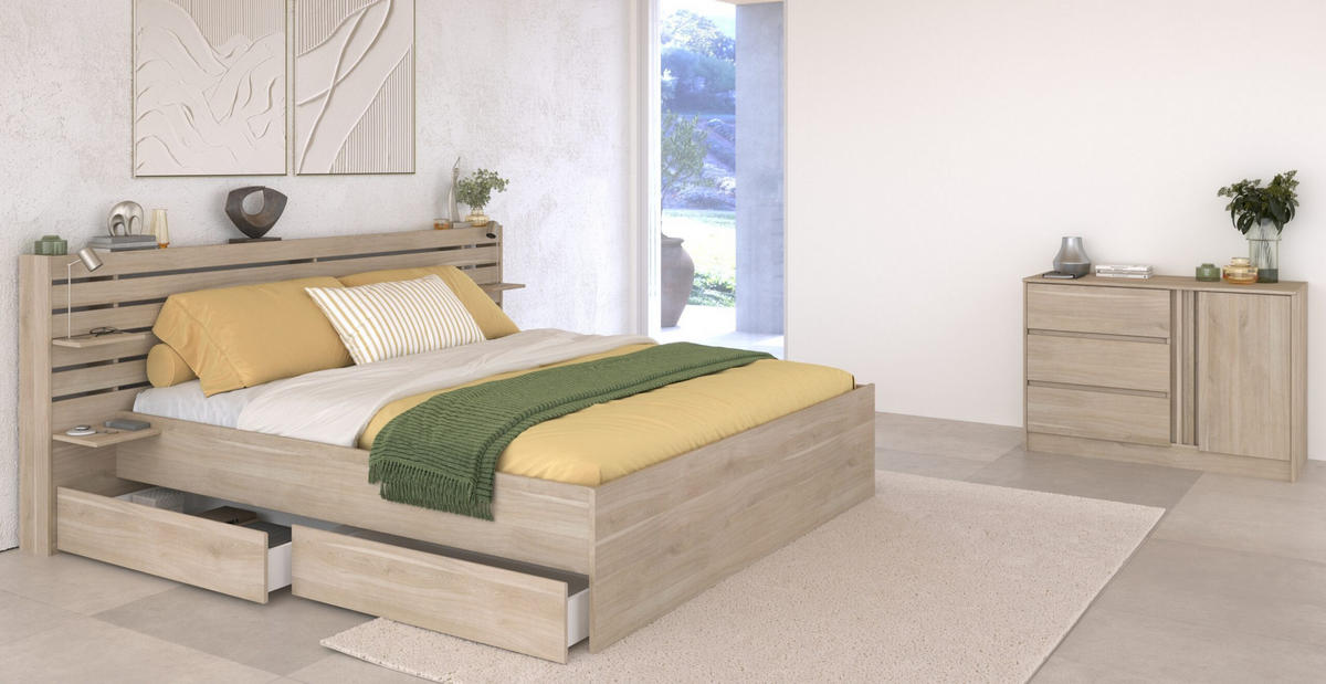 SCHLAFZIMMER Escale 29 in Japanische Eiche 4 teilig - mit 180er Doppelbett, zwei Bettschubkästen, Kommode - Braun, Holzwerkstoff (80/200/120cm)