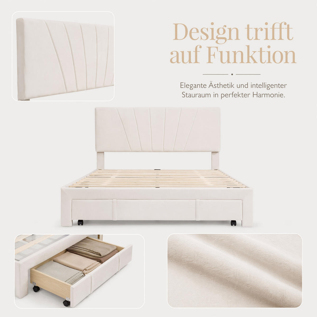 DOPPELBETT 140x200 Samt Beige Mit Rollschublade Stabil Lattenrost - Beige, Holz - SHOPENTRA