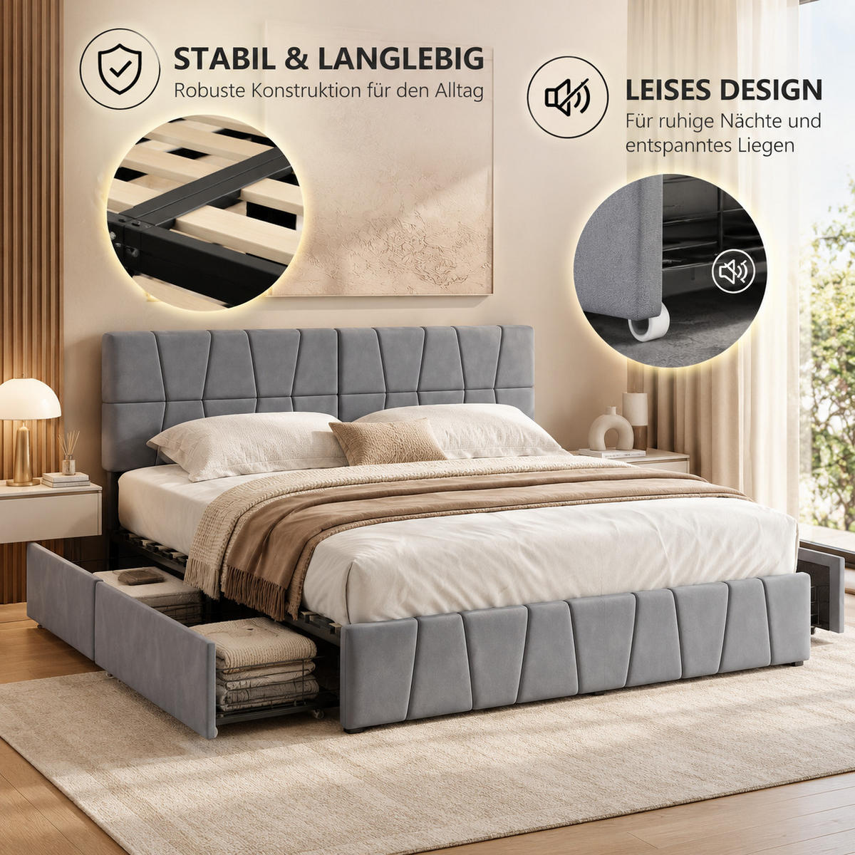 POLSTERBETT,DOPPELBETT 160/200 cm,Bettgestell Grau mit 4 Schubladen,ohne Matratze - Naturfarben/Grau, Holz/Textil (160/200cm) - PARAFTA HOME