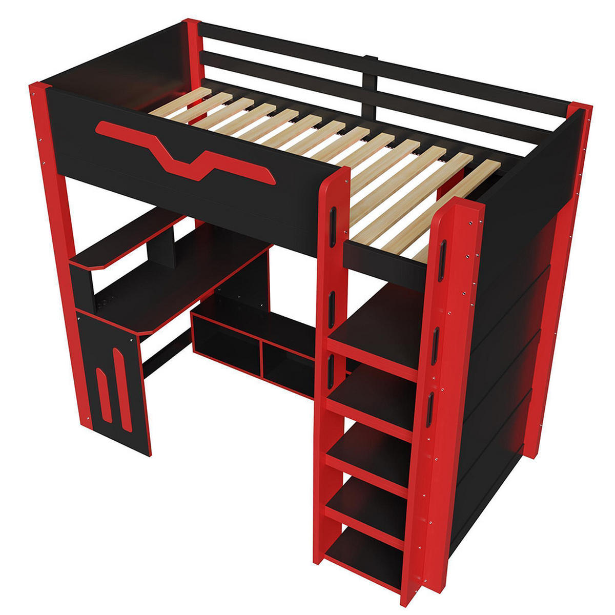 HOCHBETT 90x200 cm mit mehrstufigem Stauraum und LED-Beleuchtung, Schwarz - Schwarz, Holz (90/200cm) - KOMHTOM