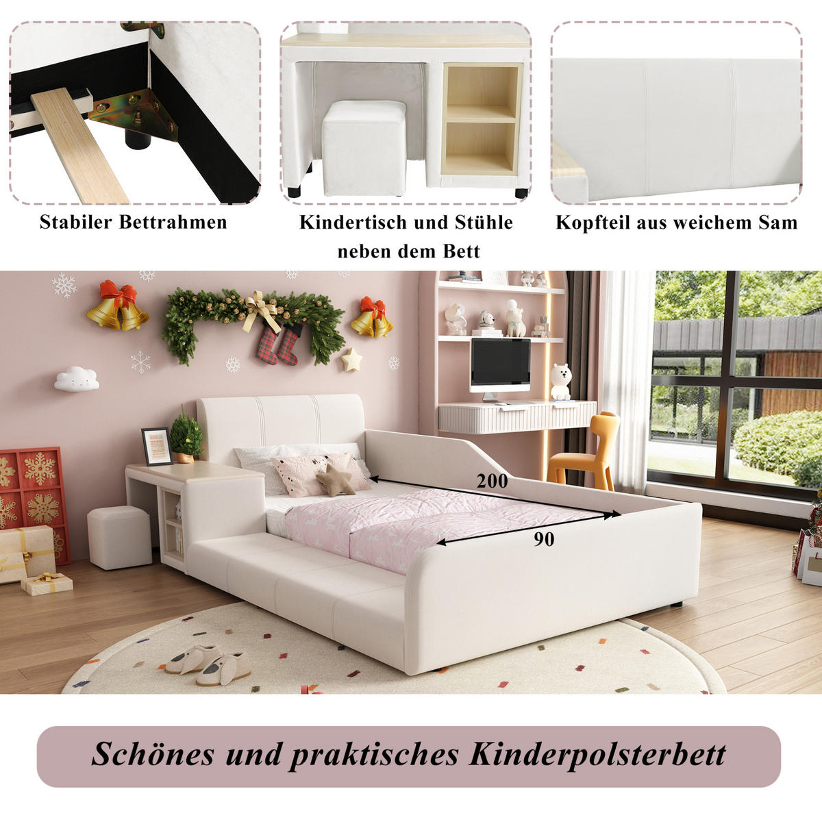 POLSTERBETT 90/200 cm Weiß aus Samt mit Schreibtisch und Hocker - Weiß, Textil (90/200cm) - OKMYHOME