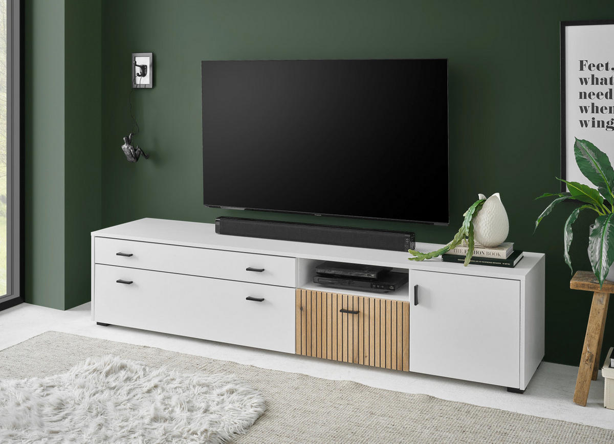 TV-LOWBOARD weiß matt, Eiche 200 cm, Flat-TV Unterschrank mit Soft-Close - Eichefarben/Schwarz, Holzwerkstoff/Kunststoff (200/44/42cm) - Furn.Design