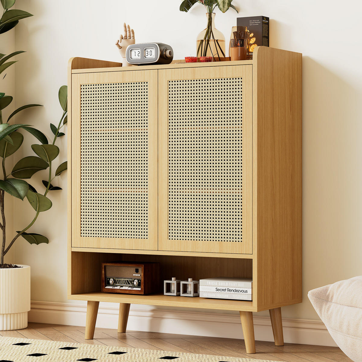 SIDEBOARD 80x35x105 cm, Rattanoptik, Regale, Holzfüße - Kastanienfarben, Holz (80/105/35cm)