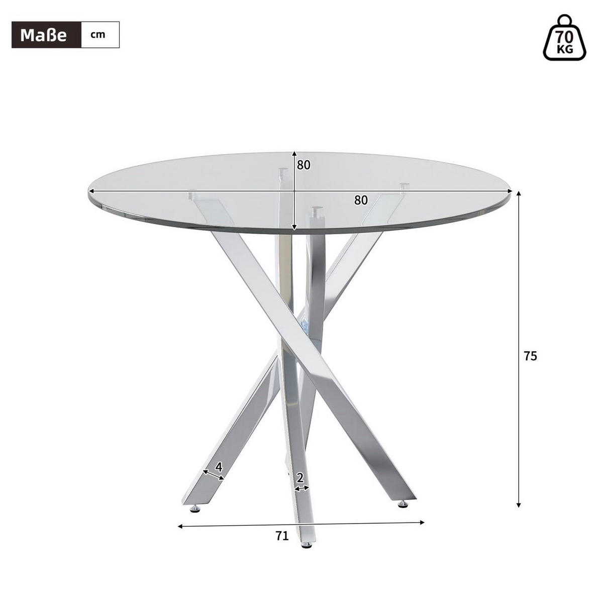 ESSTISCH 80/75/80 cm Silber aus Glas mit Metallgestell - Silberfarben, Glas (80/80/75cm) - OKMYHOME