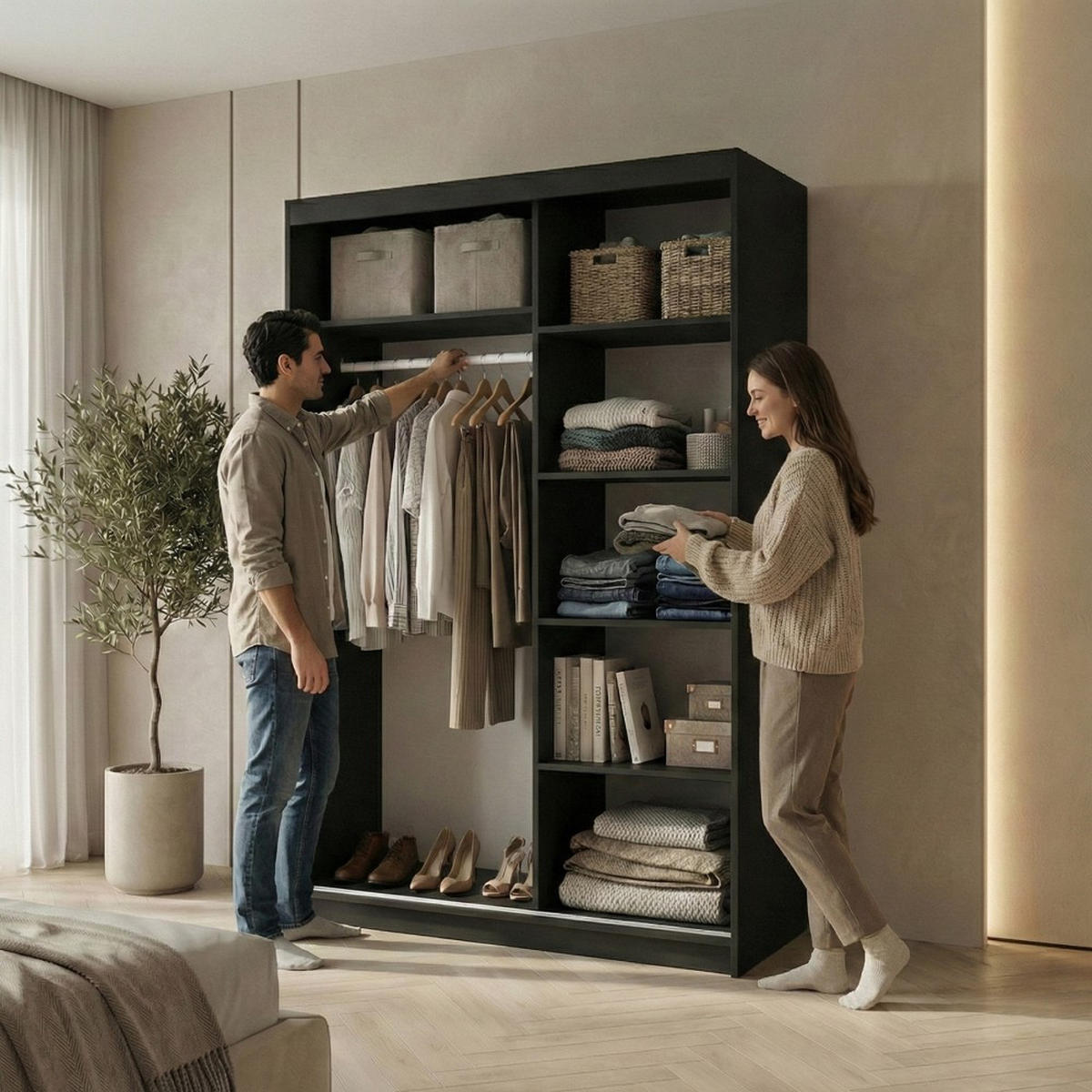 SCHWEBETÜRENSCHRANK Hela 100/205/60 2-türig schwarz mit Spiegel - Schwarz, Holzwerkstoff (100/205/60cm) - Beautysofa