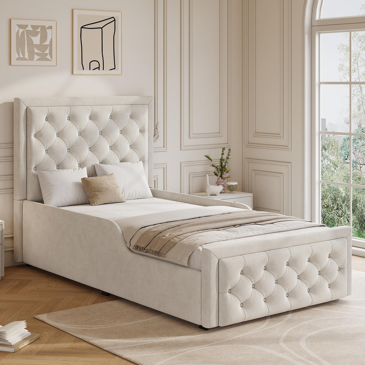 KINDERBETT 90/200 cm aus Samt in Beige – mit Stauraum und Lattenrost - Beige, Holzwerkstoff (90/200cm) - BEAOK