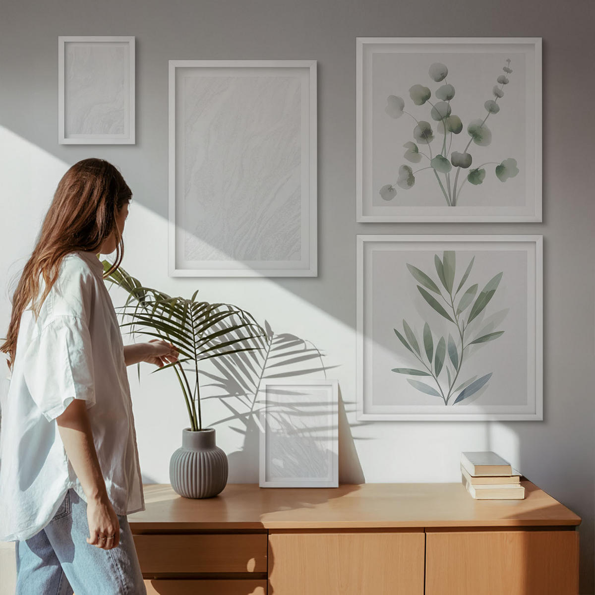 WANDBILDER 5er-Set - 50x50 cm & 20x30 cm & 40x60 cm Weißer Rahmen - Marmorstruktur, pastellfarbene Zweige - Weiß, Kunststoff (40/60cm) - ArtPrintCave