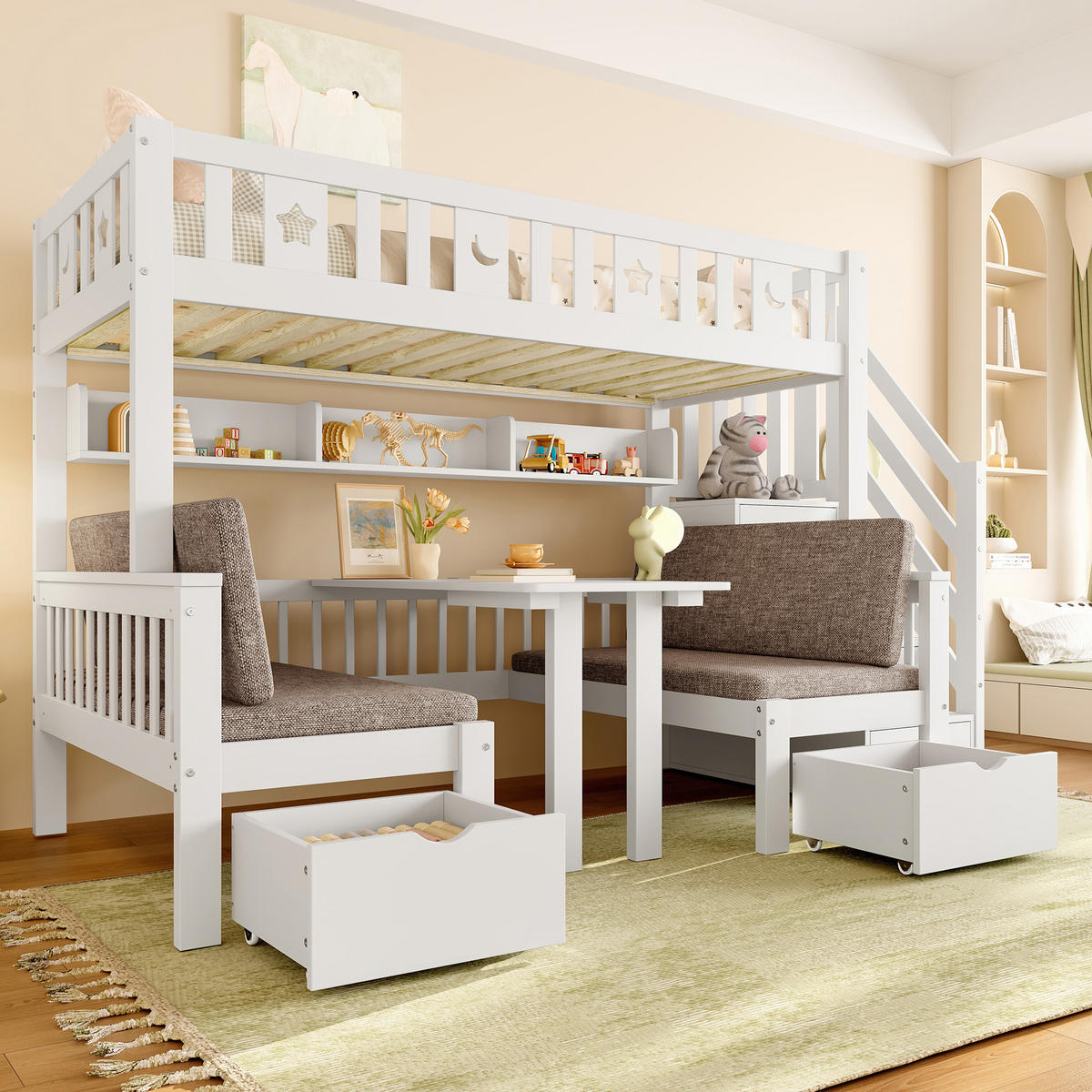 HOCHBETT 90/200 cm 2-in-1-Bett und Schreibtisch mit Stauraumleiter weiß - Weiß, Holz (90/200cm) - OKWISH