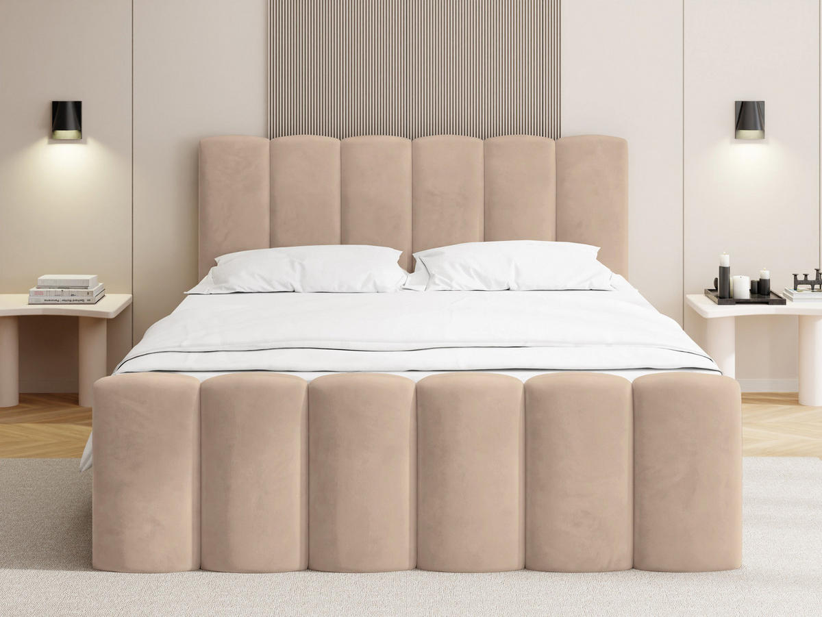 BOXBETT Serenity mit Bettkasten, Dunkelbeige Samt 180x200 cm – inkl. H4 Taschenfederkern Matratze & Foam Topper - Hellbraun/Schwarz, Holz/Holzwerkstoff (180/200cm) - WFL GROUP