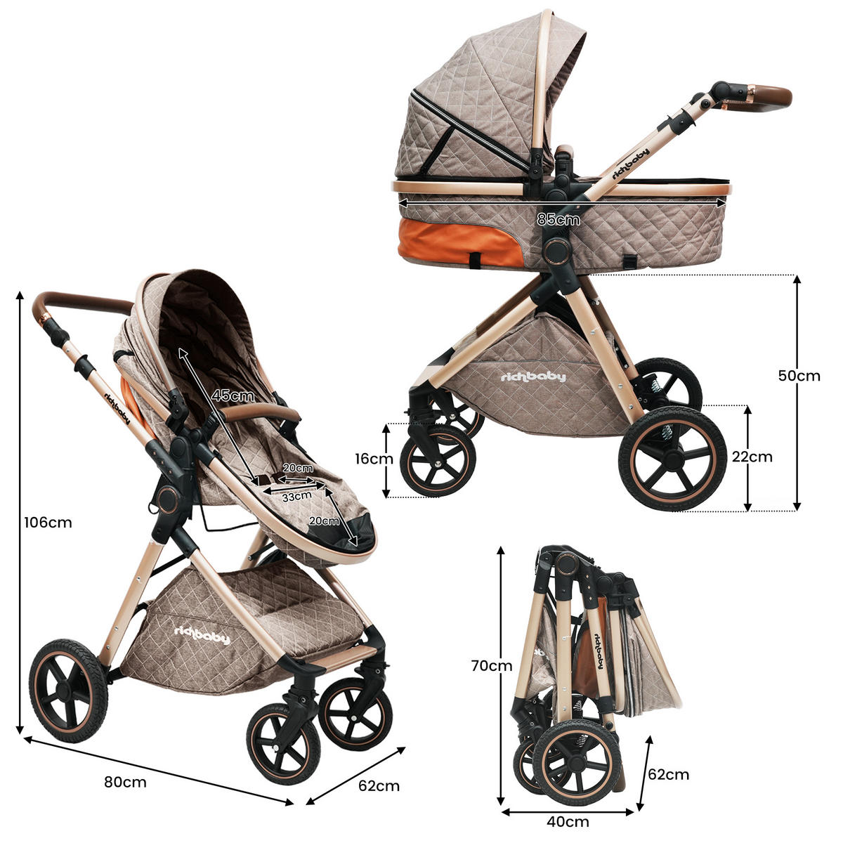 BUGGY Kinderwagen 2 in 1 faltbar mit abnehmbarer Babywanne und All-Terrain Federung - Hellbraun, Metall (80/62/106cm) - Raelunyi
