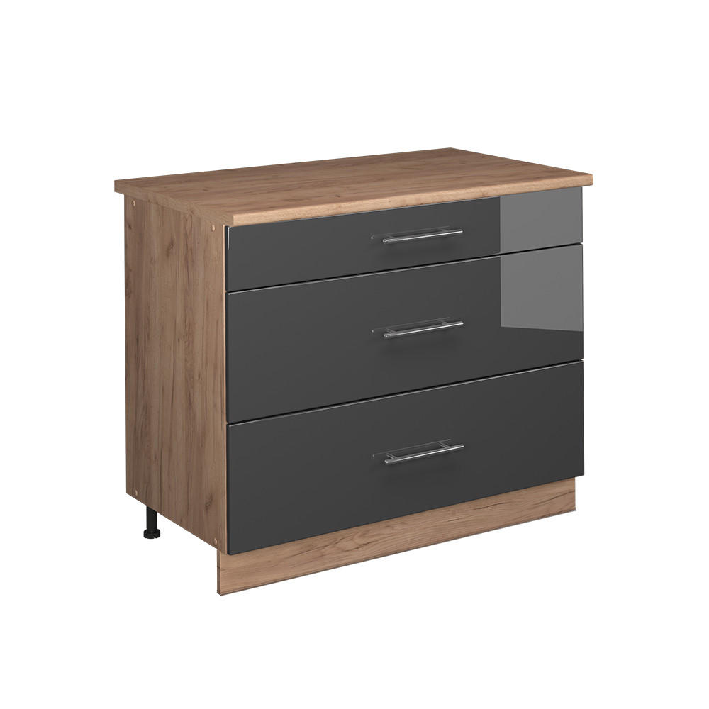 KÖKSUNDERSKÅP Fame-Line, Antracit högblank/Goldkraft ek, 100 cm, AP Oak Svart högglans, Honungsek 82/100/60 cm
