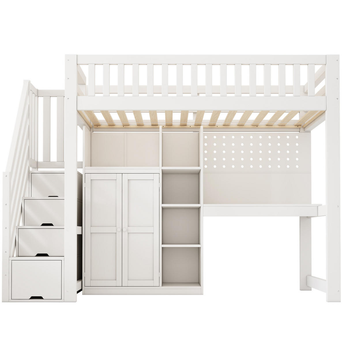VYSOKÁ posteľ 90/200 cm biela z dreva s písacím stolom, skriňou a úložným priestorom - biela, kompozitné drevo (90/200cm) - OKWISH