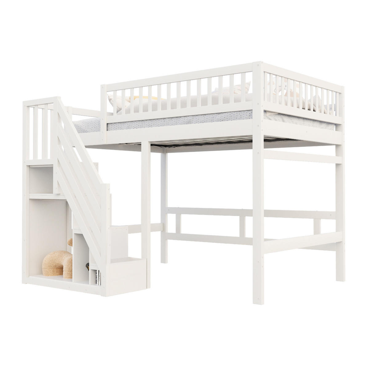 HOCHBETT 140/200 cm weiß aus Holz mit Stauraumtreppe - Weiß, Holzwerkstoff (140/200cm) - OKWISH
