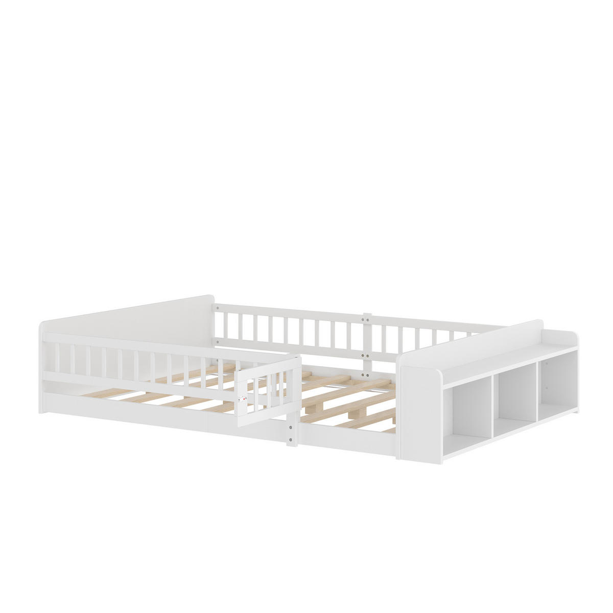 KINDERBETT 140/200 cm mit offenem Stauraum, Regalen und öffnender Zauntür aus Kiefern , Weiß - Weiß, Holzwerkstoff (140/200cm) - Redom