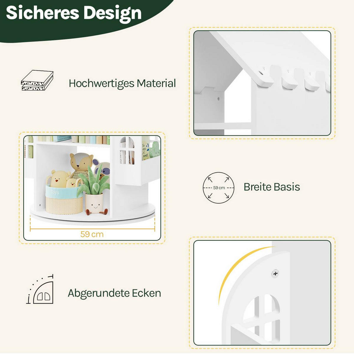 KINDERREGAL mit 4 Ebenen, drehbar, Hausform, Weiß - Weiß, Holzwerkstoff (63/125.5/59cm) - Woltu