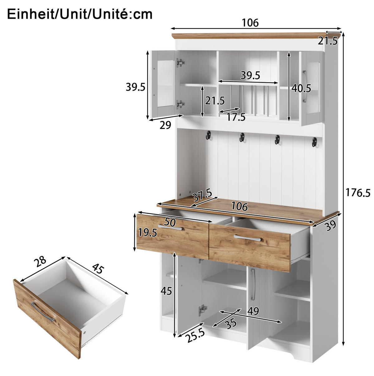 BUFFET 106/39/176,5 cm aus Spanplatte mit Vitrinenfächern und Hakenleiste Weiß/Natur - Naturfarben, Holzwerkstoff (106/176.5/39cm) - Modenvie