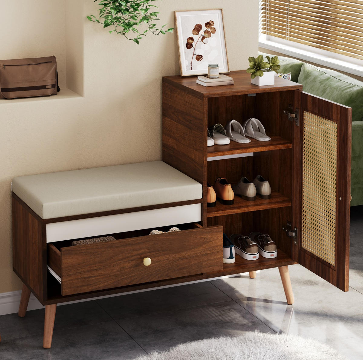 SCHUHSCHRANK 95,5/35/80,5 cm Nussbaum aus MDF und Spanplatte mit Sitzkissen - Naturfarben, Holzwerkstoff (95.5/80.5/35cm) - OKWISH