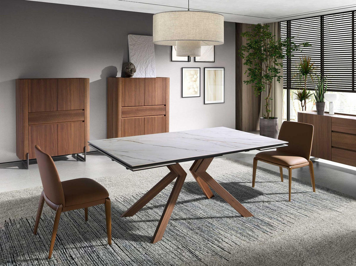 ESSTISCH Rechteckiger ausziehbarer Esstisch aus Porzellanmarmor und Stahl in Walnussoptik 180/90/76 cm - Walnussfarben/Schwarz, Stein (90/180/76cm) - ANGEL CERDA