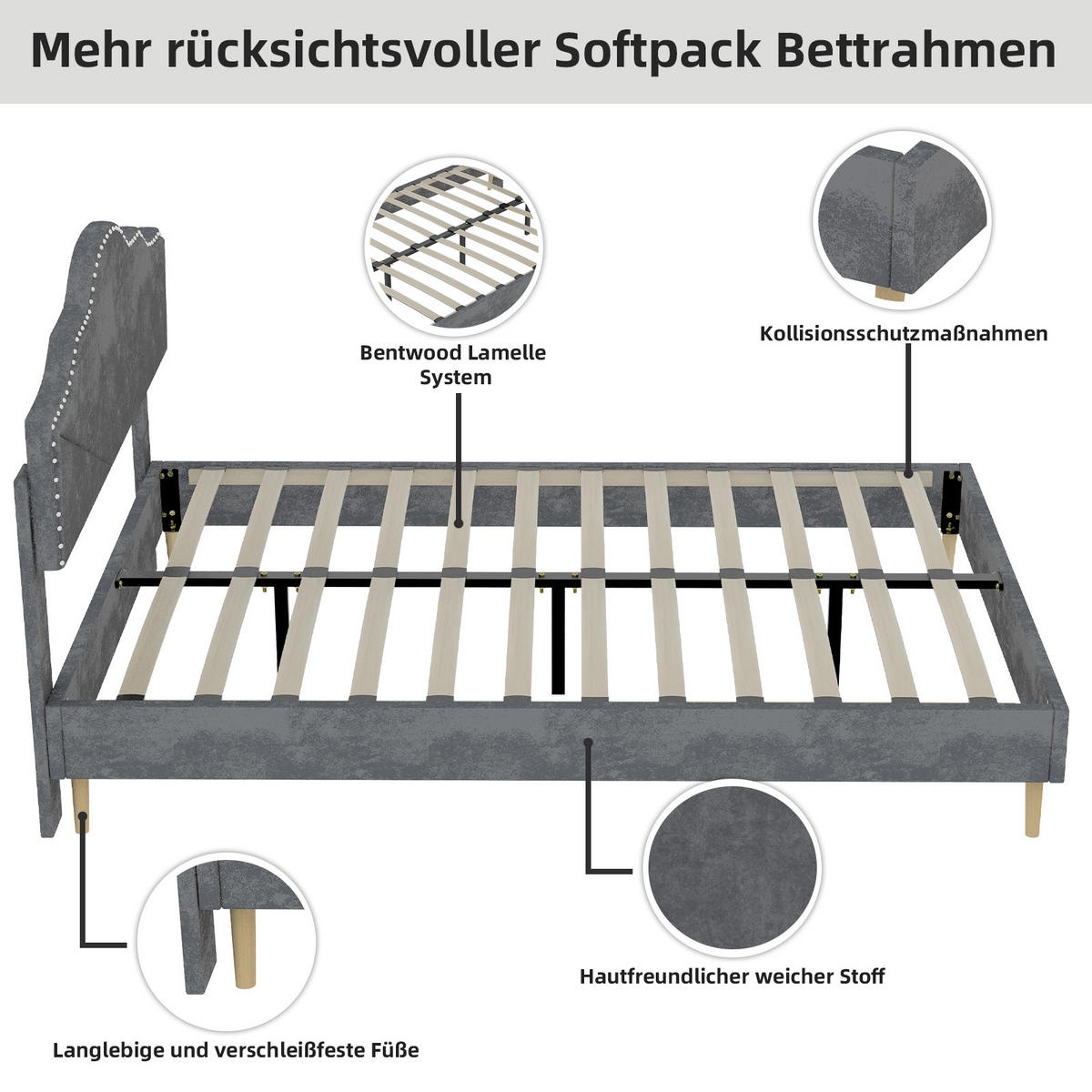 POLSTERBETT 140x200 cm Samt ohne Stauraum grau - Grau, Textil (140/200cm) - LEBENLANG